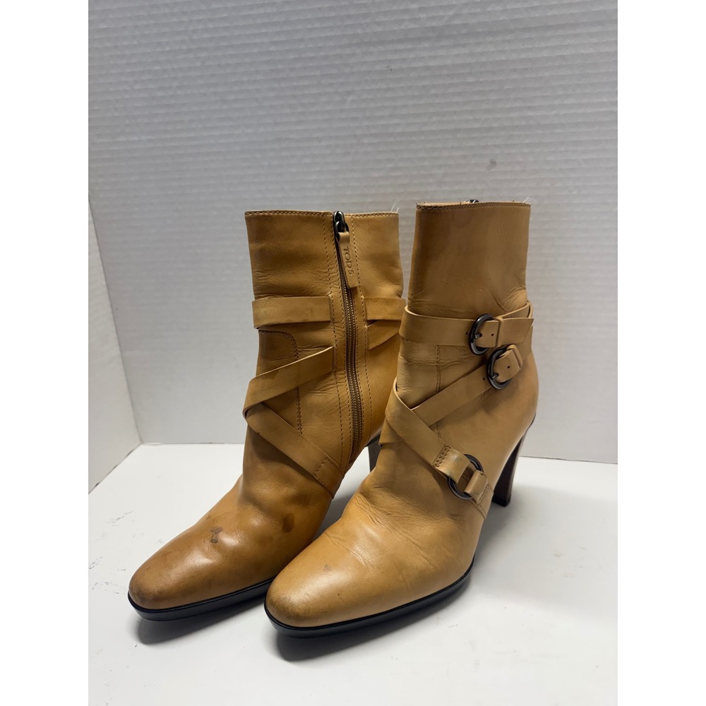 Tods Tan Leather Multi Strap Buckle Ankle Boots Side Zip Size 37.5 7.5  Italy
